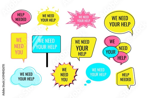 Help wanted volunteer needed speech bubble and poster set. We need your help text message in chat box, placard to search person wishing charity work vector illustration isolated on white background
