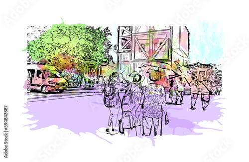 Building view with landmark of Chuncheon is the capital of Gangwon Province in South Korea. Watercolour splash with hand drawn sketch illustration in vector.