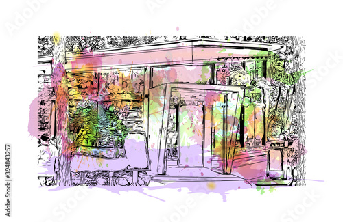 Building view with landmark of Chuncheon is the capital of Gangwon Province in South Korea. Watercolour splash with hand drawn sketch illustration in vector.