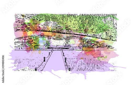 Building view with landmark of Chuncheon is the capital of Gangwon Province in South Korea. Watercolour splash with hand drawn sketch illustration in vector.