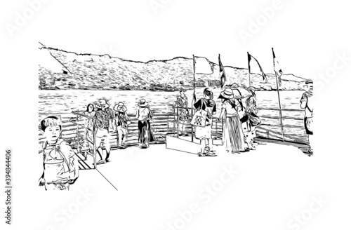 Building view with landmark of Chuncheon is the capital of Gangwon Province in South Korea. Hand drawn sketch illustration in vector.