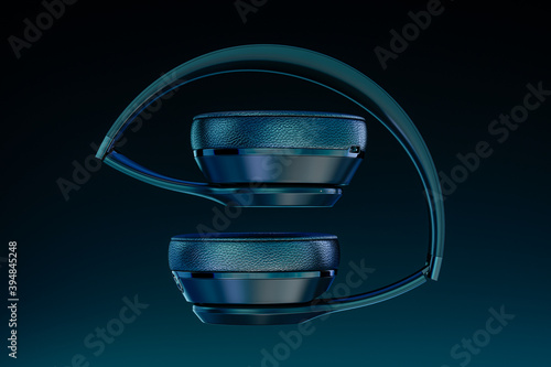 headphones on blue. Looking Directly At Folded Generic Music Headphones, Floating, Falling, Suspended, Isolated In A Blue and Black Studio Background. 3d rendering.