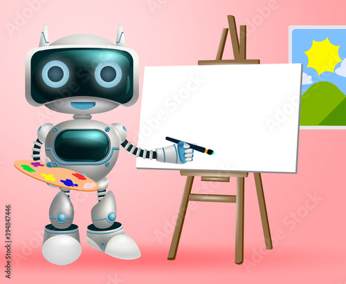 Robot painter character vector background design. Robotic artistic character in painting activity for toy kids modern technology cyborg design. Vector illustration.