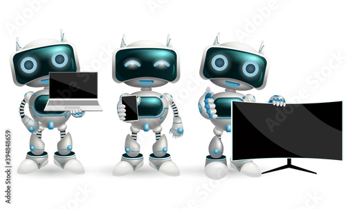 Robot characters vector set. Robotic character with modern devices like smartphone, television and laptop in holding and showing pose and gestures for technology device and robot design.