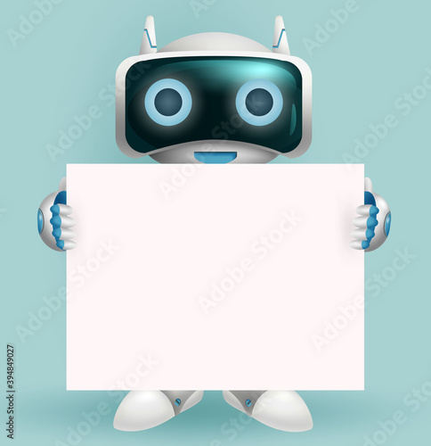 Robot character vector design. Robotic character holding white board element with space for text and messages in presentation modern technology design. Vector illustration.
