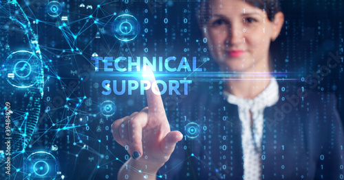Business, Technology, Internet and network concept. Young businessman working on a virtual screen of the future and sees the inscription: Technical support