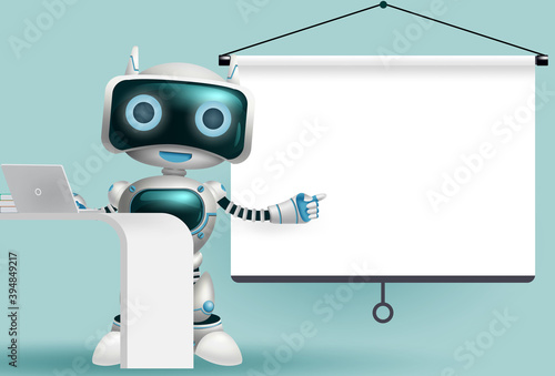 Robot character presentation vector background design. Robotic 3d character pointing and presenting empty white projector screen board element for humanoid technology design. Vector illustration.