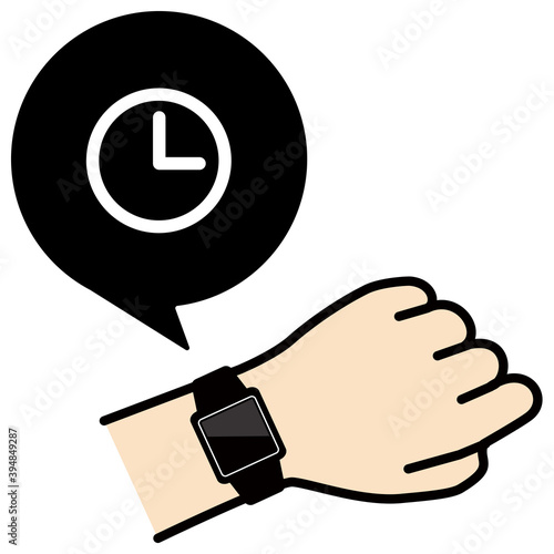 腕のスマートウォッチを確認する様子のベクターイラスト　時計アイコン