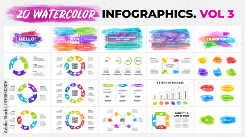 20 Watercolor Infographic templates. Vol 3. Brush strokes banners. Hand drawing illustrations for your business or marketing project.