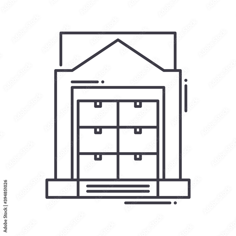 Warehouse building icon, linear isolated illustration, thin line vector, web design sign, outline concept symbol with editable stroke on white background. Warehouse building icon, linear isolated illustration, thin line vector, web design sign, outline concept symbol with editable stroke on white background.