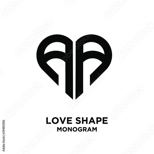 abstract AA love shape letter logo black vector monogram icon design isolated background