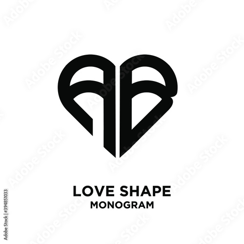 abstract AB love shape letter logo black vector monogram icon design isolated background