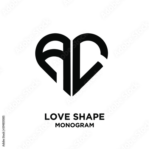abstract AC love shape letter logo black vector monogram icon design isolated background