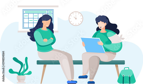 Nurse character sitting on the bench and communicating with woman patient. Social worker with a questionnaire is conducting a survey in clinic workplace. Medical specialist consultation at cabinet
