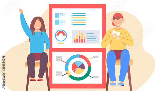 Human infographic. Children near poster, report with diagrams and graphs. Statistics demographics, families and infants info elements set. Vector Illustration template for presentation Information