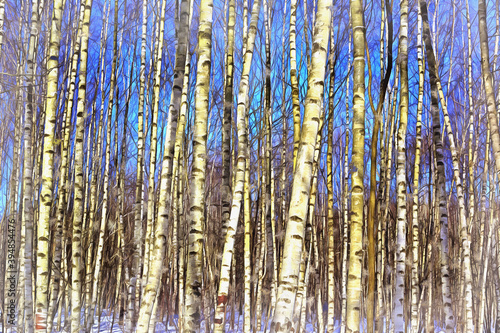 Birch forest in sunny winter day colorful painting looks like picture