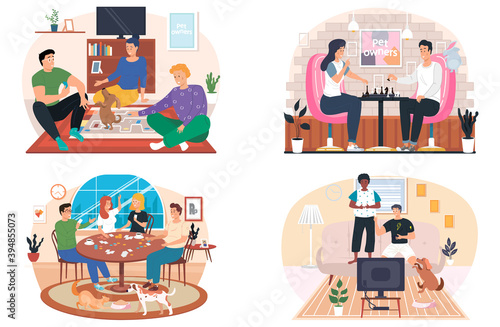 People playing a board game at home in living room with pets, cozy atmosphere in the evening. Men and women friendly family or good friends spend time together with a logic game on the weekend