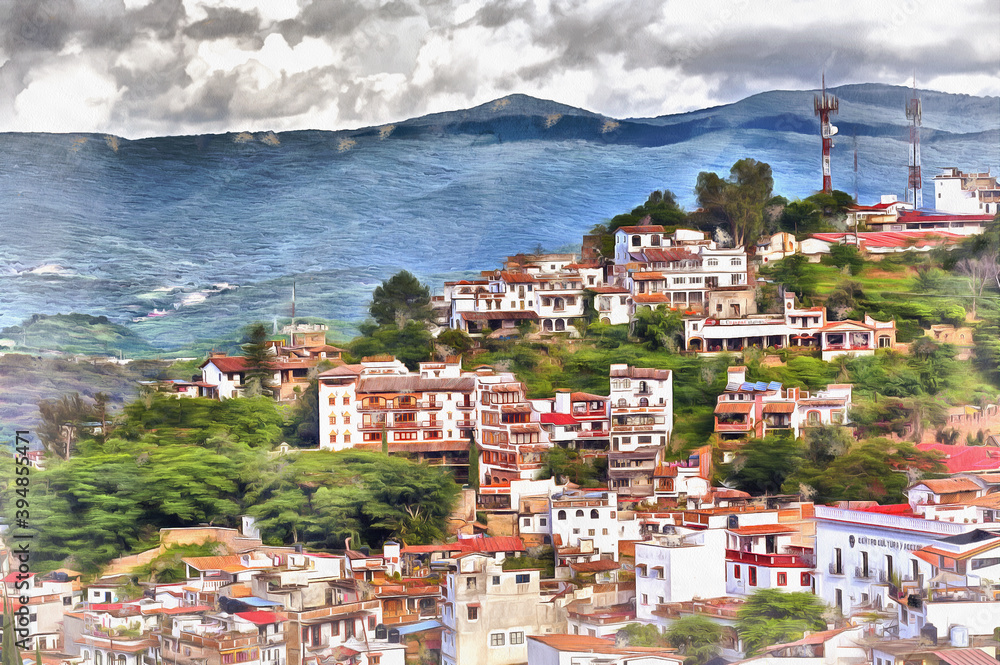 View of old town colorful painting looks like picture, Taxco, Mexico.