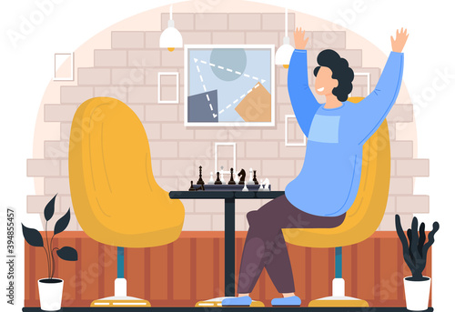 A man playing chess at home at a table cartoon vector illustration cozy living room atmosphere in the evening. Male character won and raised his hands happily with a logic game on the weekend