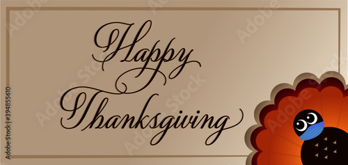 Happy Thanksgiving turkey with covid mask sign for 2020 corona virus pandemic 