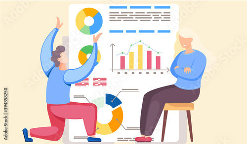 The guy is on one knee and points to the pie chart above his head. Girl looks offended at the man. Angry woman sitting on the chair. Office work management. Data analysis. Statistics and anatytics