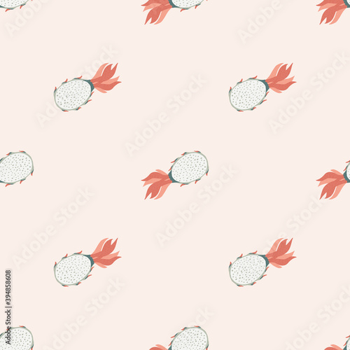 Pitahaya seamless doodle pattern in light pastel pink tones. Summer food backdrop.