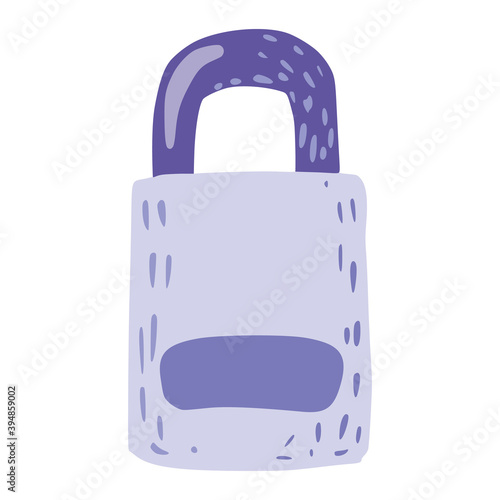 Purple square lock isolated on white background. Abstract element for door in doodle.