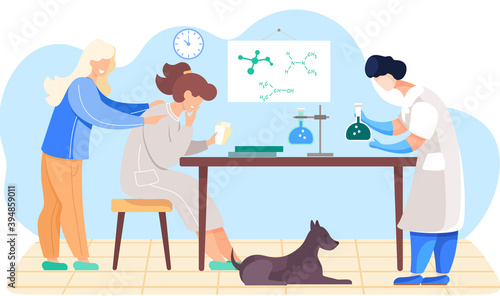 The girl does massage to the player. Female character with cards in her hands. The woman is working with a flask with liquid. Chemical research in the laboratory. The dog lies under the table