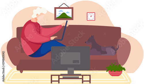 Man lying on the sofa, holding a laptop and correspondence surfing the Internet. Male character communicating through network on the computer. Social media net communication digital gadget addiction