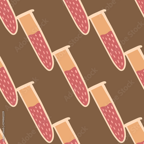 Seamless pattern with hand drawn chemical flask elements. Pink and orange colored elemets on brown background.