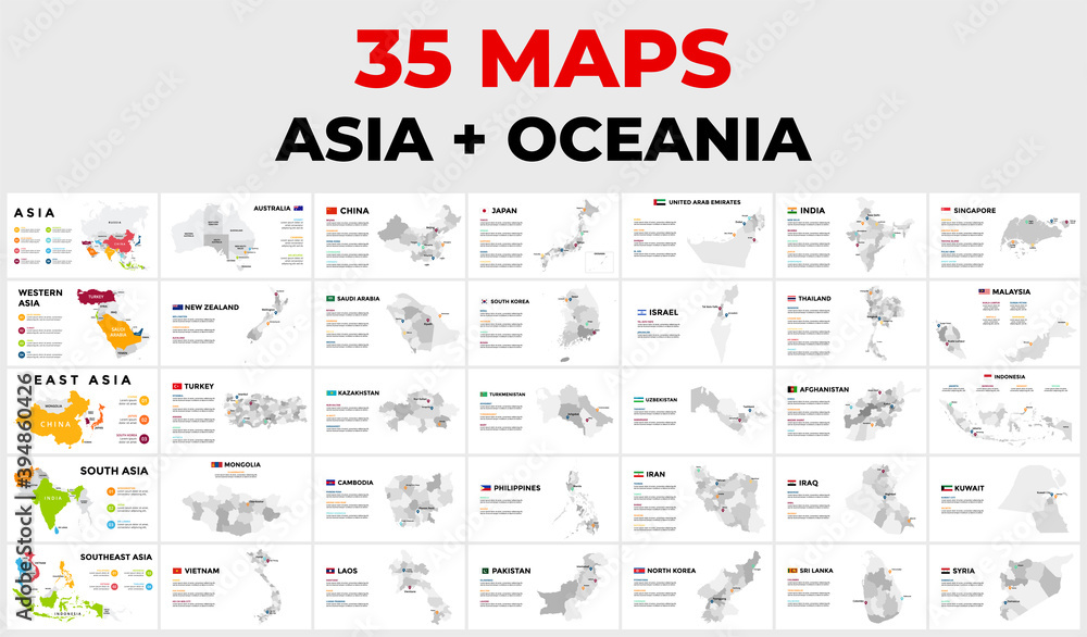 Asia and Oceania map infographic template. Travel or tourism presentation layout. Global communication concept. Vector countries with provinces.