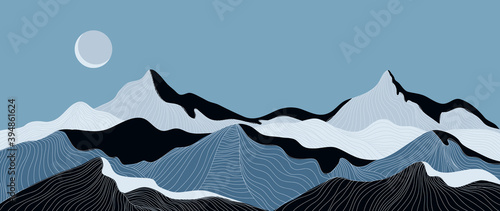 Mountain line arts background vector. Landscape with mountains and sun, Mountainous terrain, Sun set wallpaper design for wall arts, cover, fabric. Vector illustration.
