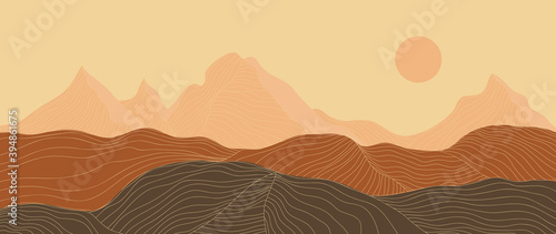 Mountain line arts background vector. Landscape with mountains and sun, Mountainous terrain, Sun set wallpaper design for wall arts, cover, fabric. Vector illustration.