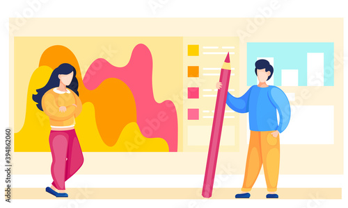 Guy and a girl communicate during a break in the studio. The guy stands with a pencil and discusses with a woman. Office staff working day. Business workflow management. People spend time together
