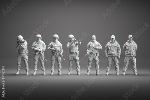 A Group Of Toy Army Soldier In White Paint In A Line, Isolated Against Gray. 3d Rendering.