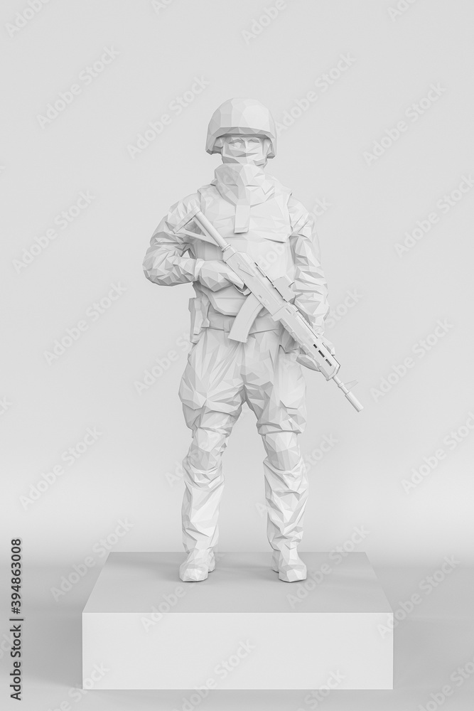 statue of the soldier. Army Soldier Figurine Made From White Plastic Standing On A Box Holding A Rifle. 3d Rendering.
