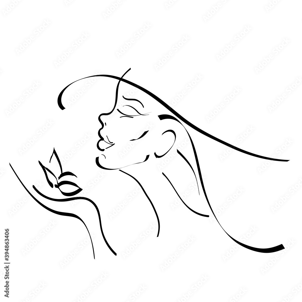 Fototapeta Profile of a girl contour drawing lineart. Butterfly in hand. Perfume fragrance. Logo beauty salon. vector illustration isolated white background. empty space for text