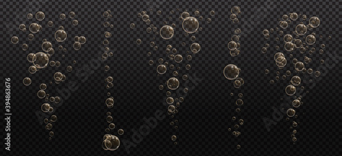 Gold fizzy bubbles. Sparkles champagne. Fizzy pop and effervescent drink. Abstract fresh soda and air bubbles, oxygen, champagne crystal. Vector illustration on black transparent background.