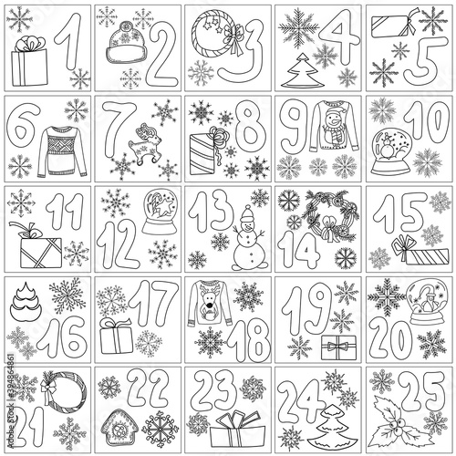 Advent calendar coloring page for christmas, cute doodle christmas symbols in windows from 1 to 25, contour festive tree, wreath, sweater and snowflakes and dates for the holiday