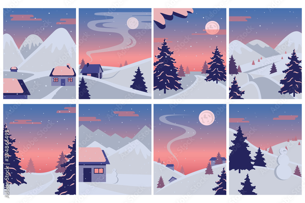 Winter landscape set. Vector illustration of a Christmas winter landscape with snowman and deer, winter concept.