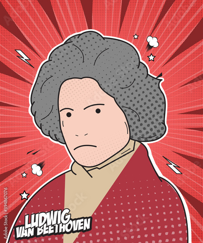 comic illustration style, Ludwig van Beethoven is a classical composer from Germany. His notable works are the fifth and ninth symphonies, as well as the piano song Für Elise.