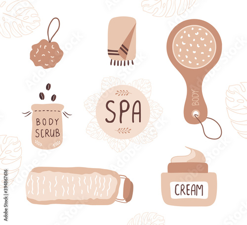Bathroom spa accessories. Home self care. Organic products for peeling skin. Morning routine. Vector illustration in cartoon style.