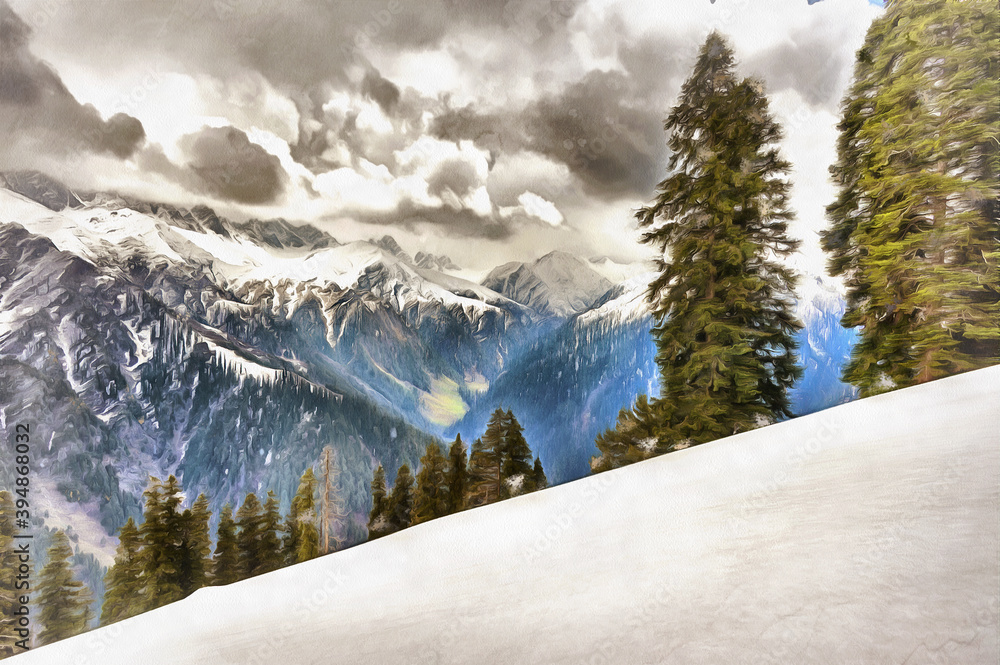 Fototapeta premium Scenary mountain landscape colorful painting, Jammu and Kashmir, India.