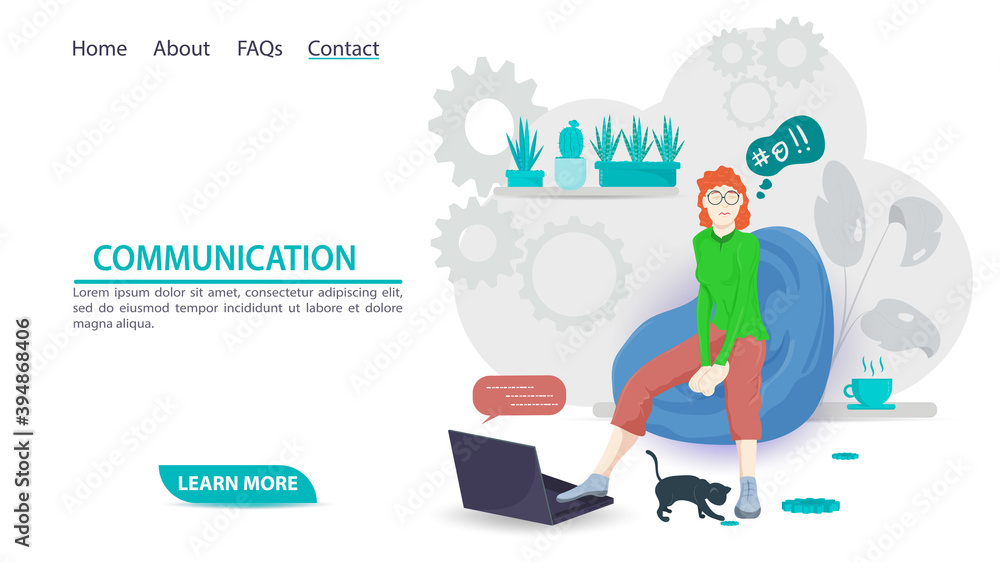 illustration for the design of web pages and mobile applications a girl sits in a chair next to a laptop and communicates flat cartoon style