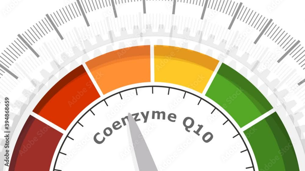 Scale with arrow. The Coenzyme Q10 measuring device. Sign tachometer, speedometer, indicator. Scale with arrow. The Coenzyme Q10 measuring device. Sign tachometer, speedometer, indicator.