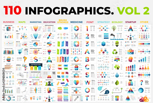 110 Vector Infographic Templates vol 2. Included categories from business or marketing to medicine, ecology and education. Presentation layout.