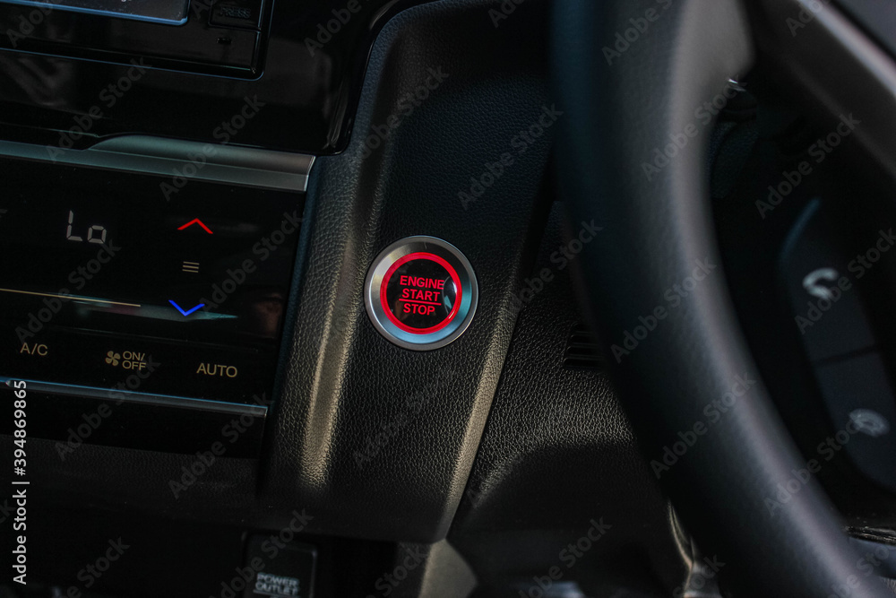 Close up engine car start button. Start stop engine modern new car button,Makes it easy to turn your auto mobile on and off. a key fob unique ,selective focus	