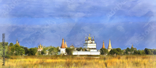 Panoramic image of Iosifo-Volotskiy monastery colorful painting looks like picture, Moscow region, Russia.
