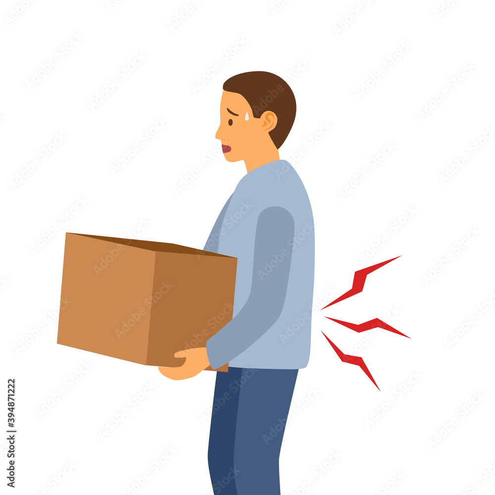 Low back pain concept vector illustration on white background. Young man holding heavy box and suffering from backache. Bone or muscle problem. Low back pain concept vector illustration on white background. Young man holding heavy box and suffering from backache. Bone or muscle problem.