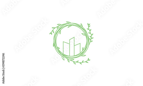 circle nest with building green leaf logo vector icon illustration design